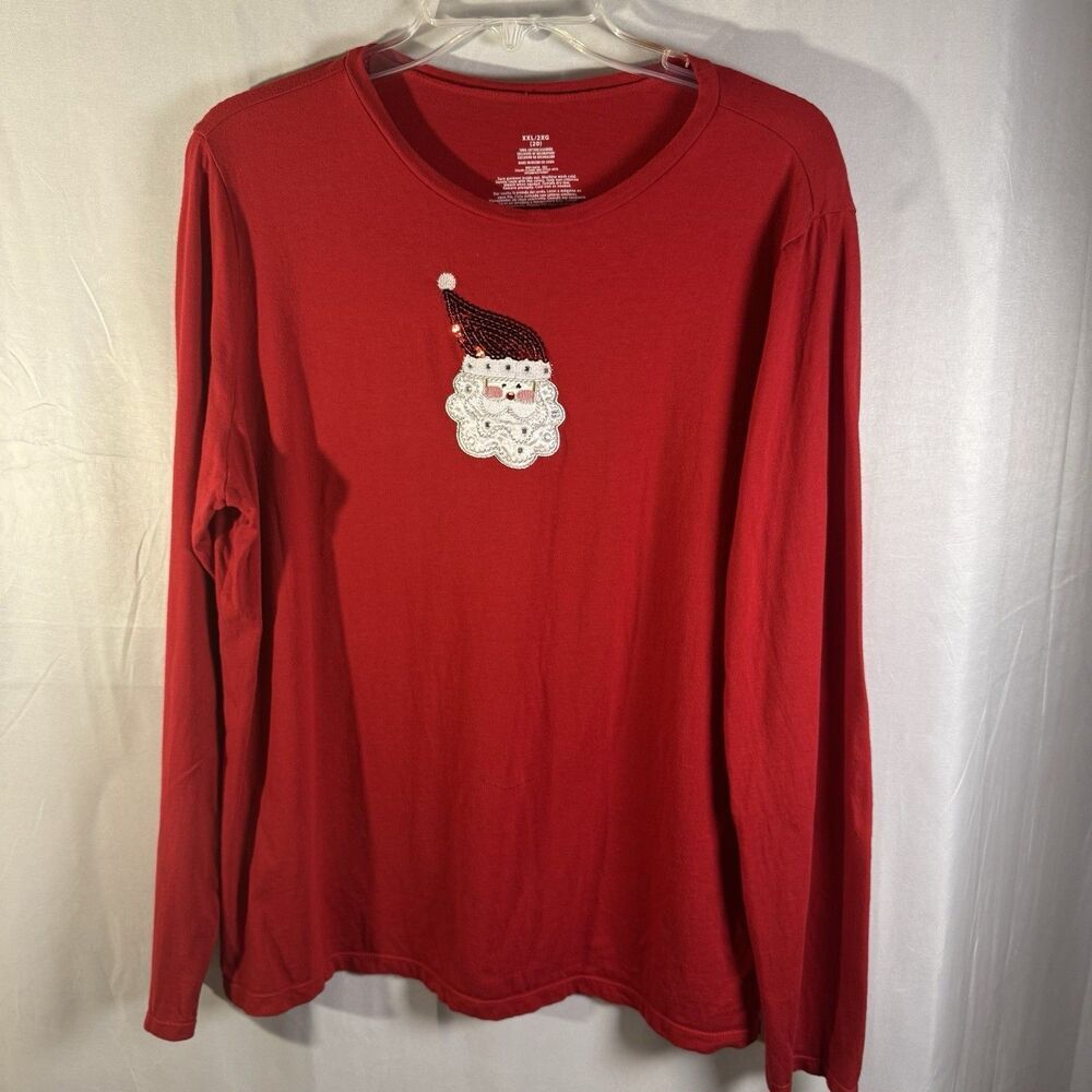Red Christmas Long Sleeve Shirt Santa Face Sequin Accent Women’s 2XL Holiday